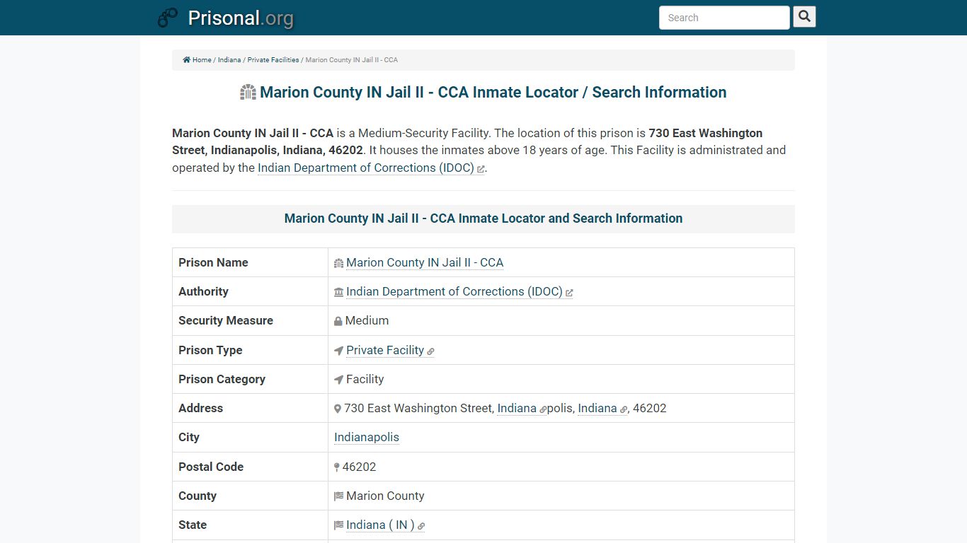 Marion County IN Jail II - CCA-Inmate Locator/Search Info ...